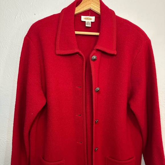 Talbots Cherry Red 100 % Wool Collared Sweater with Silver Buttons - Picture 1 of 8
